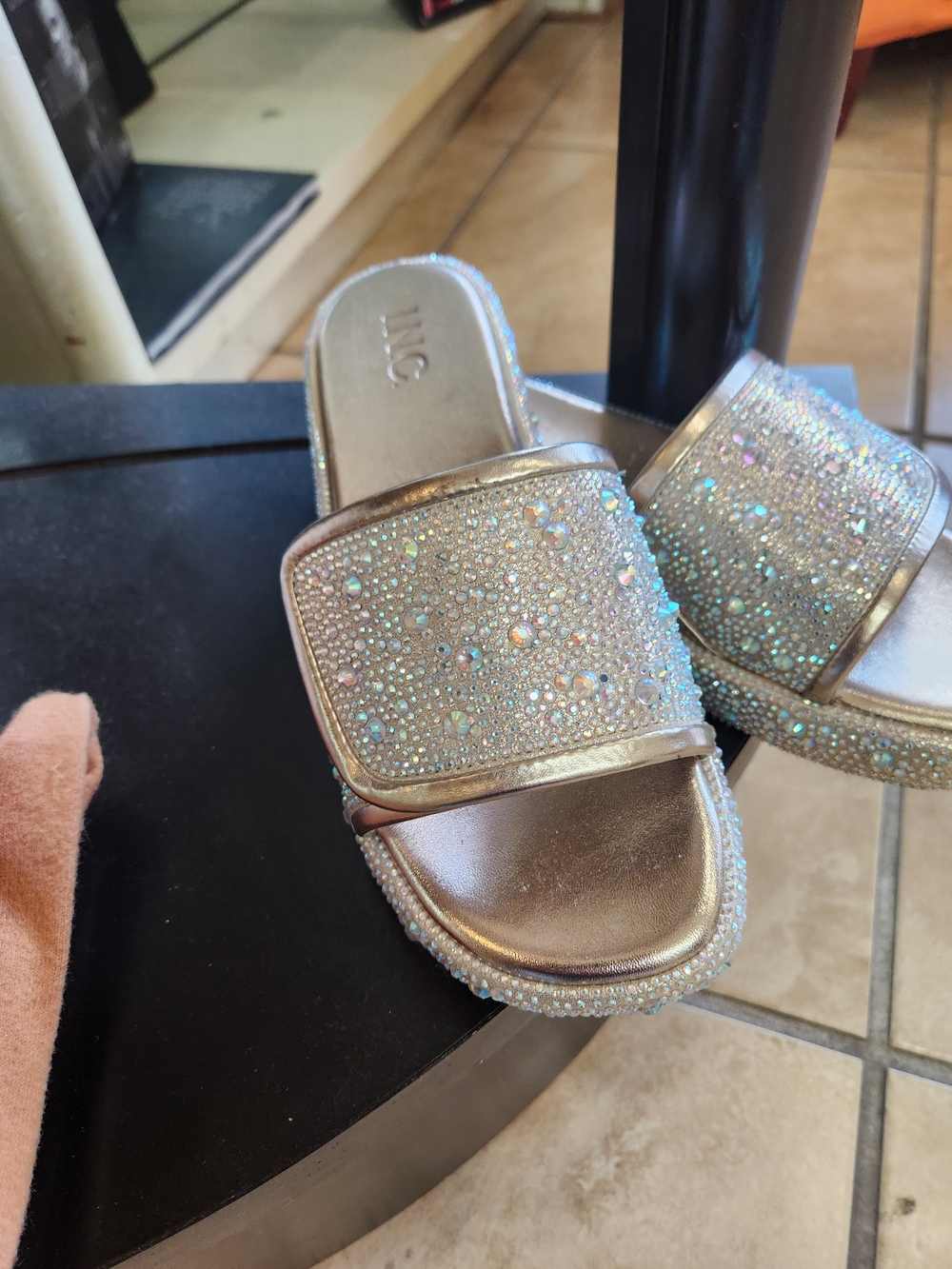INC International Concepts Iridescent Gold Crystal Slide Mules